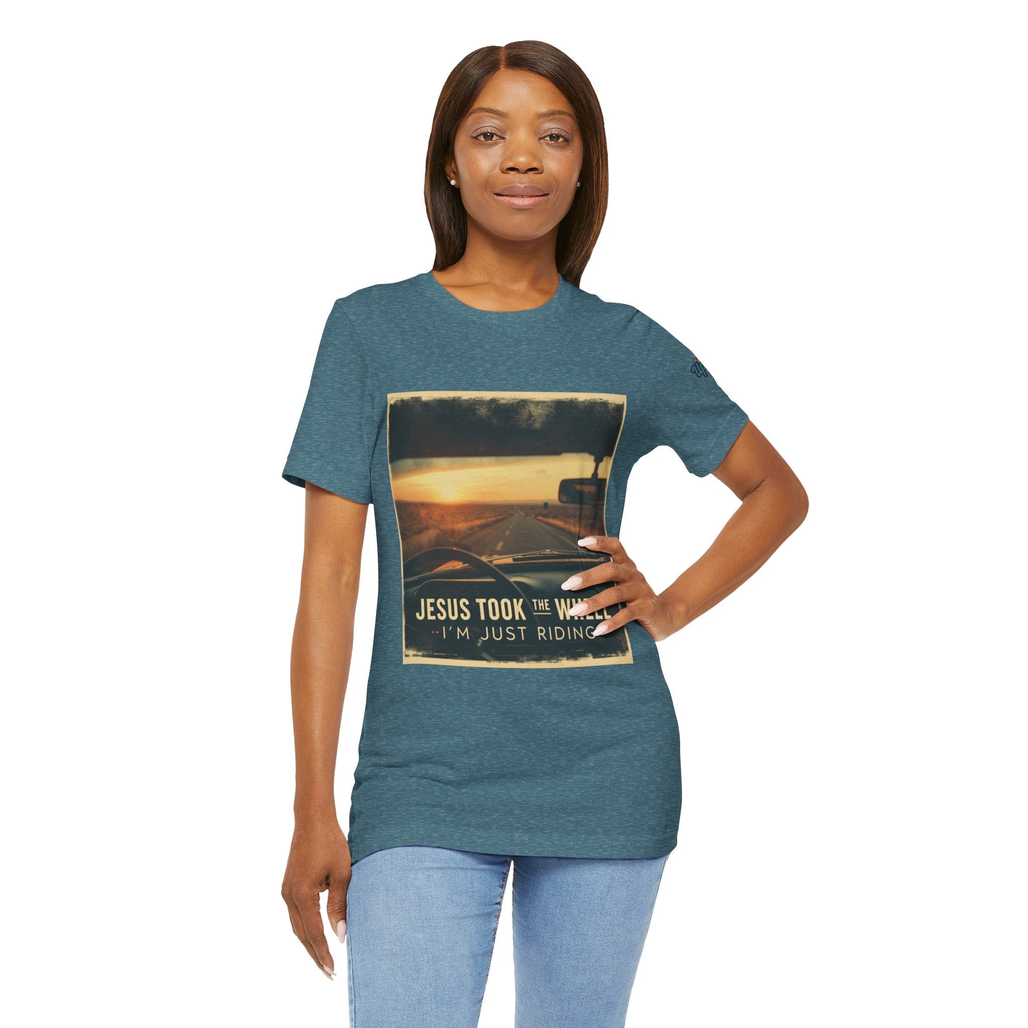 Jesus Took the Wheel I'm Just Riding T-shirt – Funny Christian Convertible Car T-shirt for Surrendered Faith & Humor Printify
