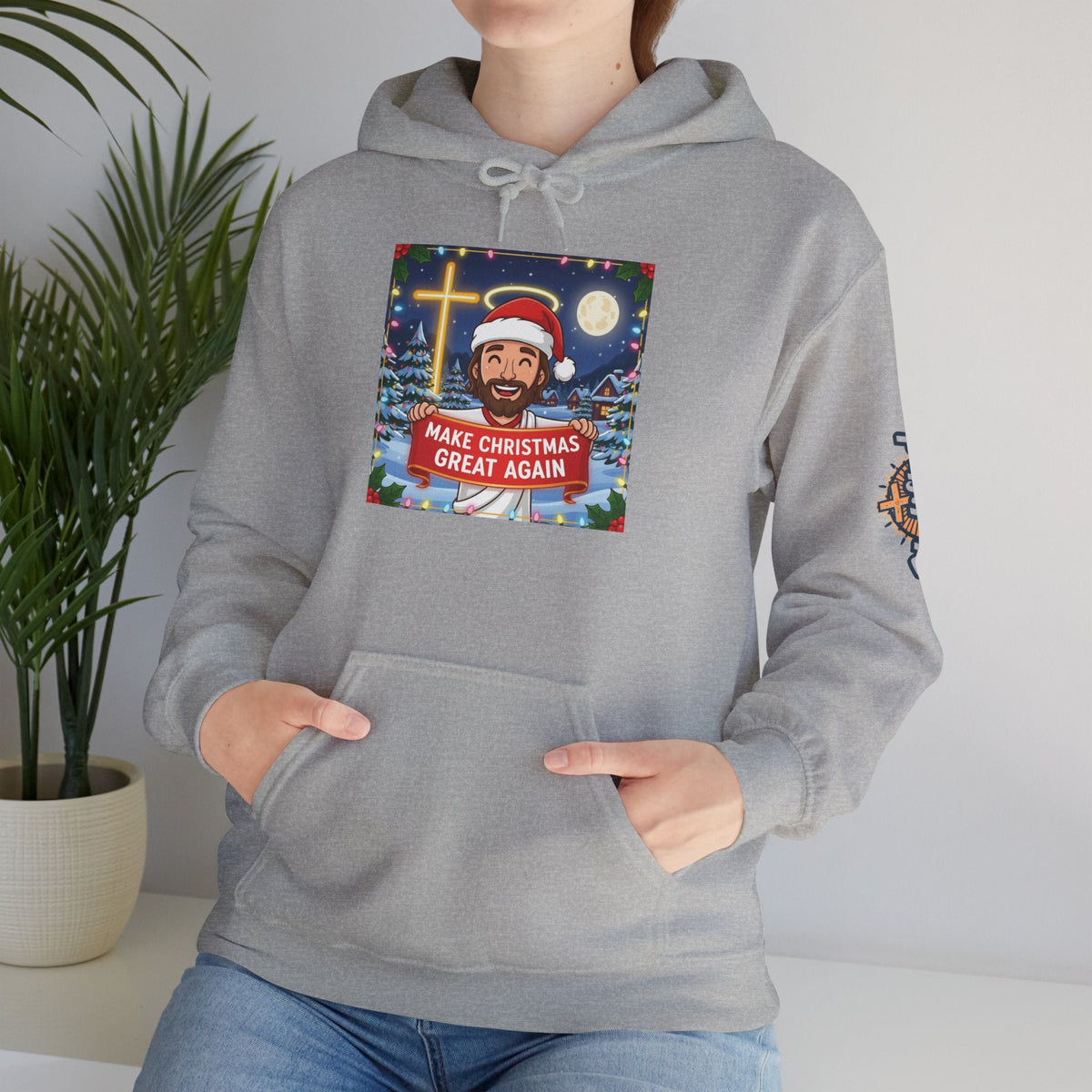 🎄 Make Christmas Great Again – Funny Christian Hoodie | Jesus Holding Banner | Faith-Based Holiday Parody Tee | Uplifted Gear Printify