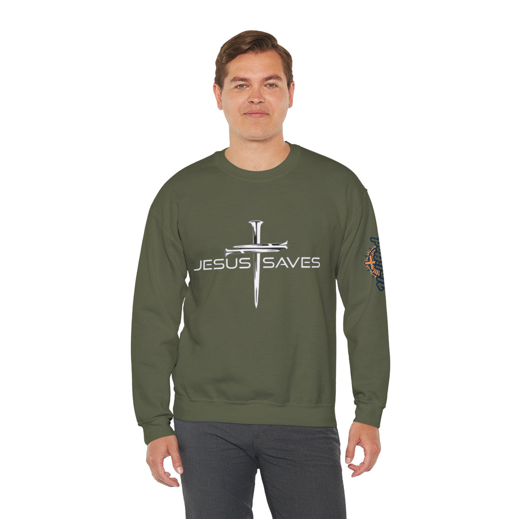 Jesus Saves Sweatshirt – 3 Nails Crucifix Cross Christian Sweatshirt for Redemption Faith & Bold Salvation Printify