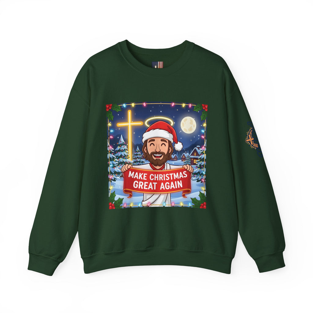 🎄 Make Christmas Great Again – Funny Christian Sweatshirt | Jesus Holding Banner | Faith-Based Holiday Parody Tee | Uplifted Gear Printify