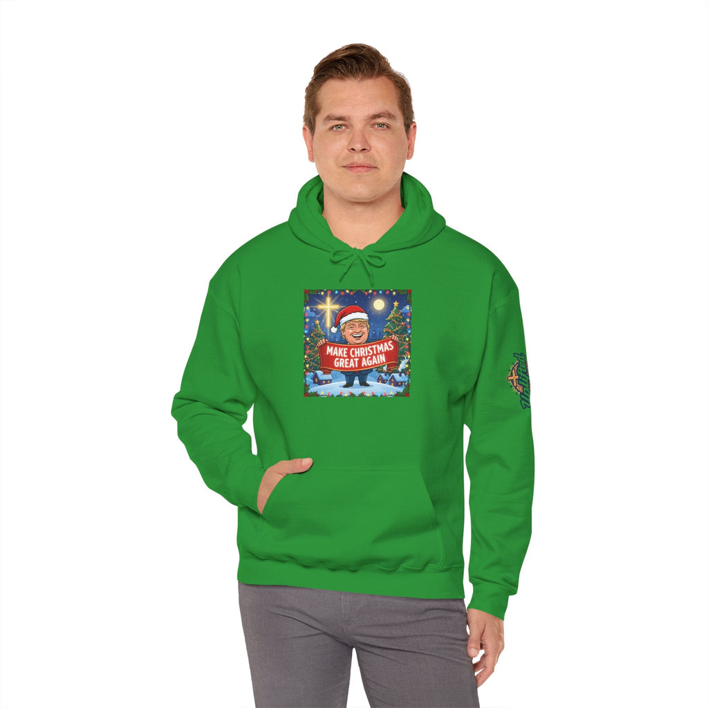 🎄 Make Christmas Great Again – Patriotic Christian Christmas Hoodie | Bold Holiday Faith Tee | Red & White Banner Design | Uplifted Gear Printify
