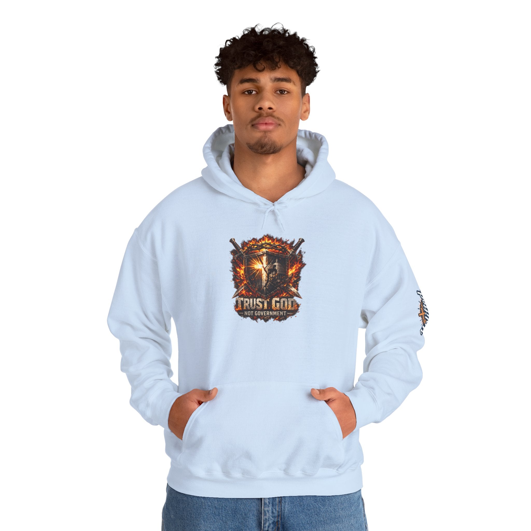 Trust God Not Government Shield Hoodie — Patriotic Christian Faith Hoodie Printify