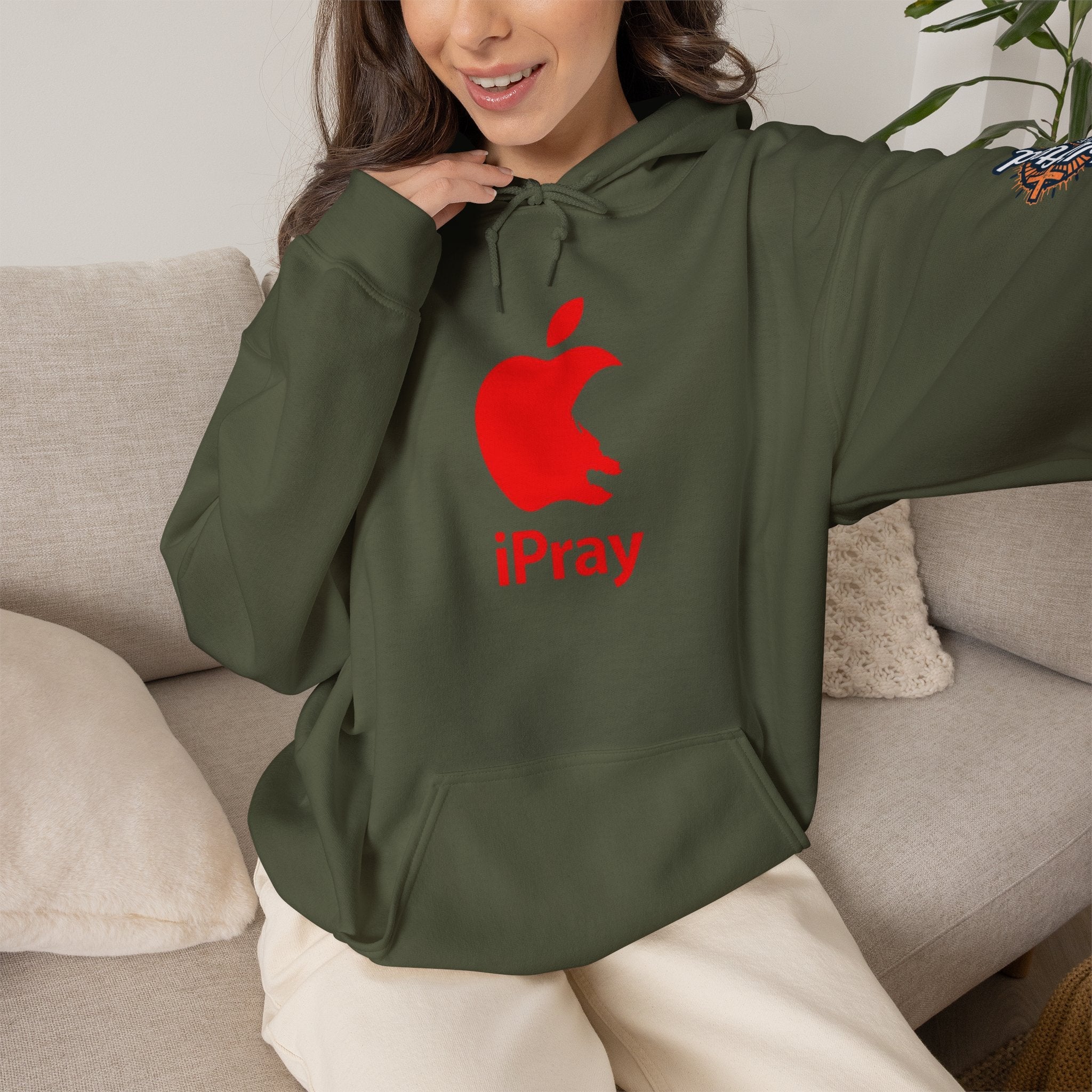 iPray Apple Logo Hoodie — Funny Christian Hoodie (Minimal Red Apple Graphic) Printify