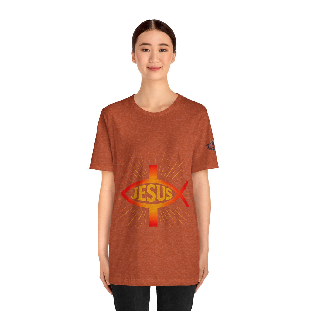 Jesus Ichthys T-shirt – Christian Fish Symbol with Cross & Jesus Inscription T-shirt for Eternal Faith & Streetwear Printify