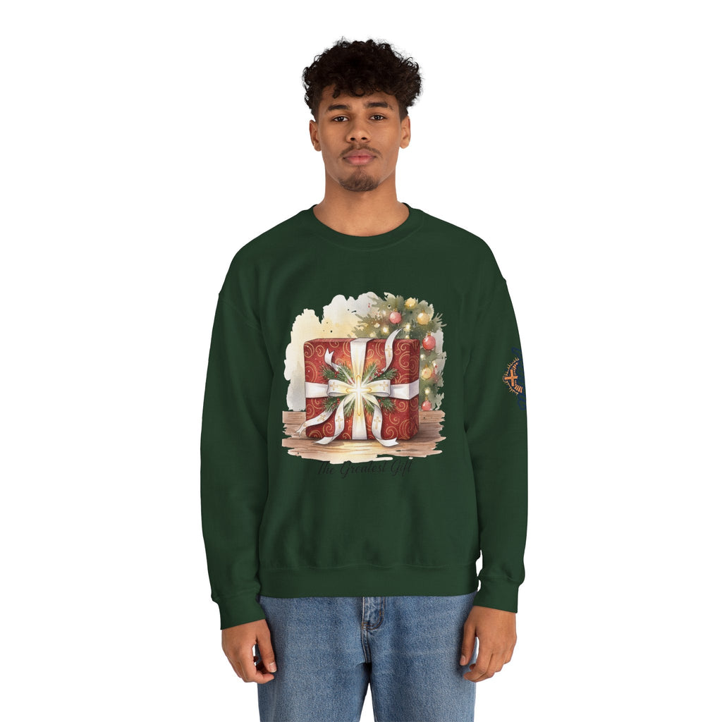 The Greatest Gift Sweatshirt – Cross Bow Present Christian Sweatshirt for Christmas Salvation & Eternal Faith Printify