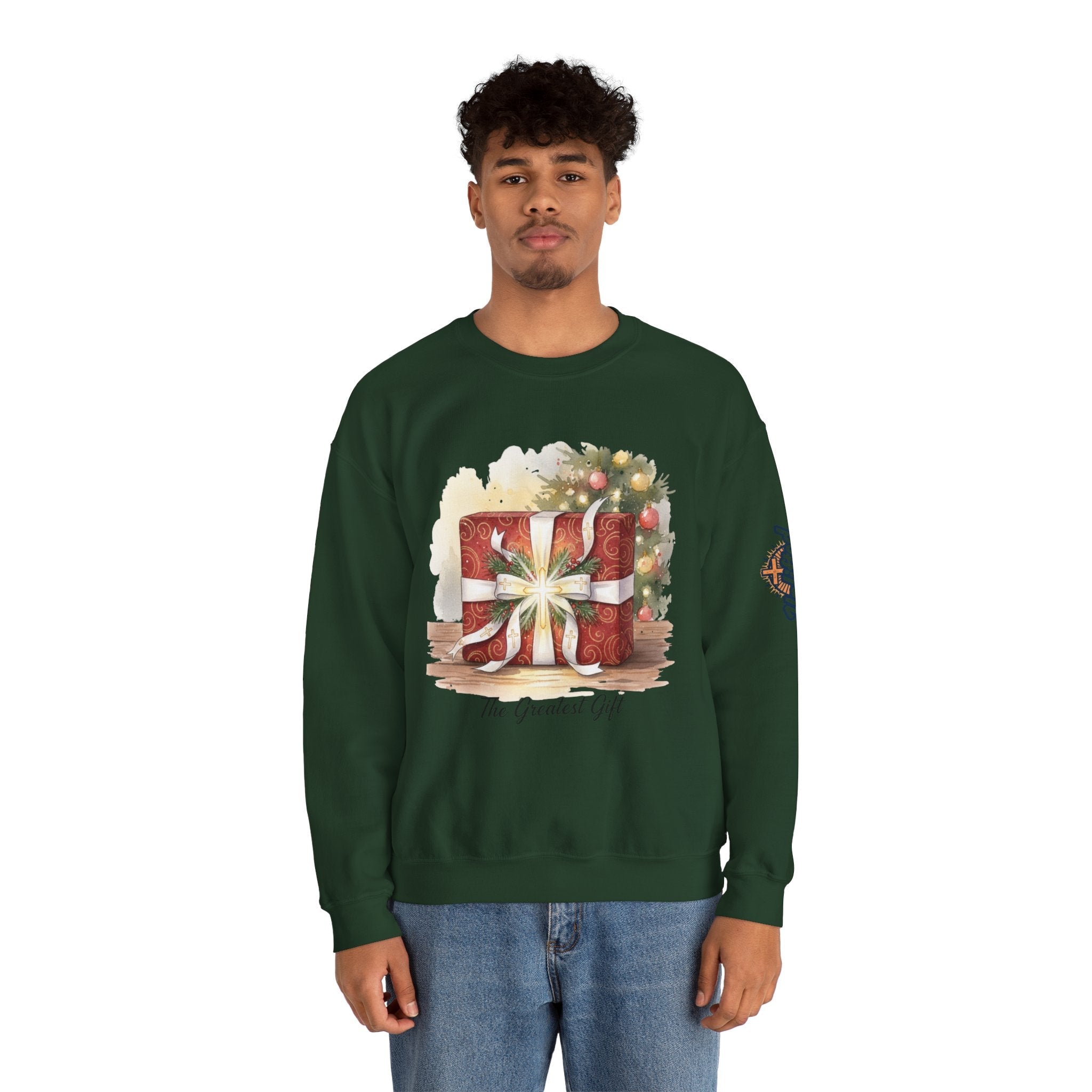 The Greatest Gift Sweatshirt – Cross Bow Present Christian Sweatshirt for Christmas Salvation & Eternal Faith Printify