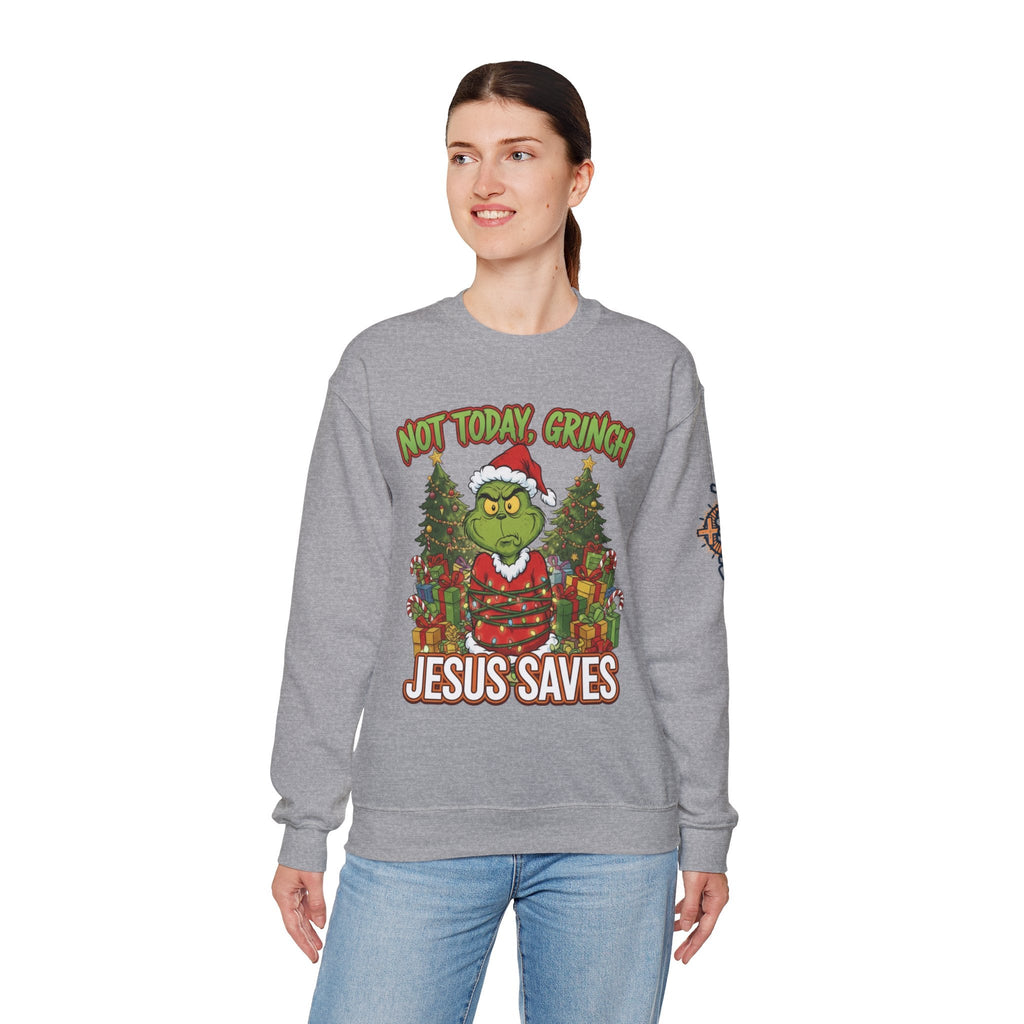 🎄 Not Today, Grinch – Jesus Saves | Funny Christian Christmas Sweatshirt | Sulking Grinch & Glowing Cross | Bold Neon Faith Tee by Uplifted Gear Printify