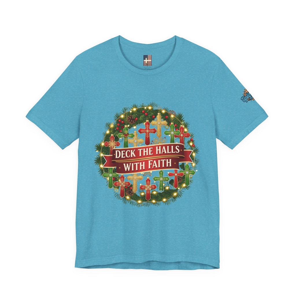 🎄 Deck the Halls with Faith – Christian Christmas T-Shirt | Cross Ornament Design & Festive Garland | Bold Holiday Faith Tee by Uplifted Gear Printify