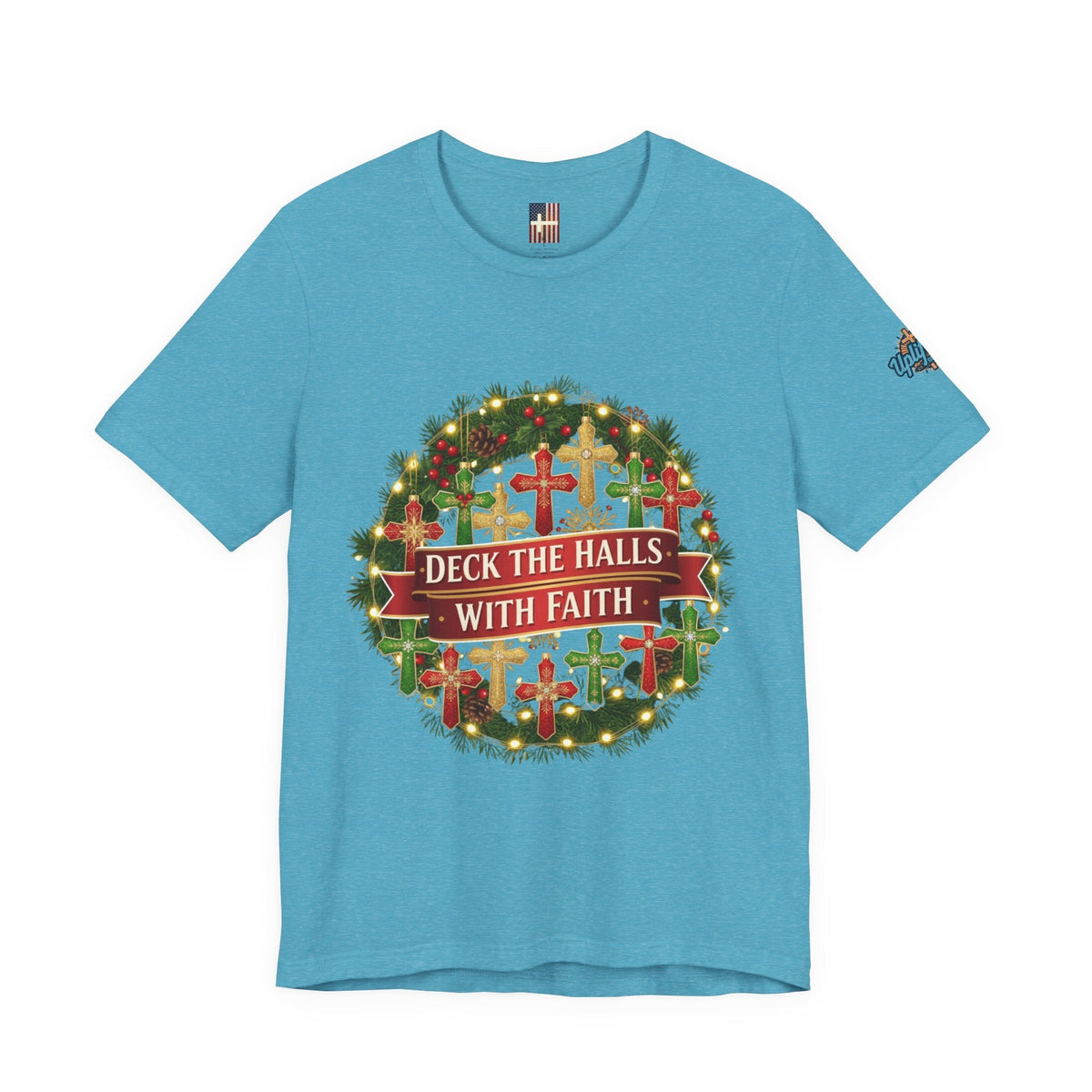 🎄 Deck the Halls with Faith – Christian Christmas T-Shirt | Cross Ornament Design & Festive Garland | Bold Holiday Faith Tee by Uplifted Gear Printify