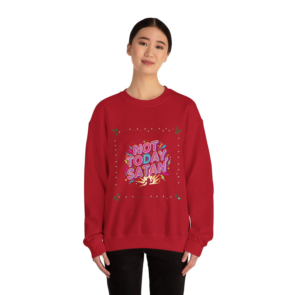 🔥 Not Today, Satan – Retro 90s Christian Sweatshirt | Neon Faith Tee | Funky Cartoon Devil | Bold Bible Verse Shirt | Uplifted Gear Printify