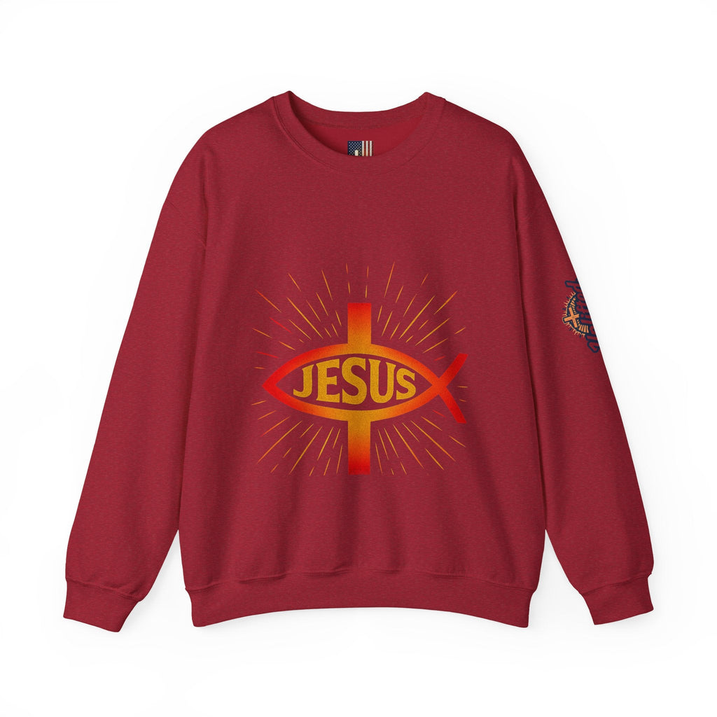 Jesus Ichthys Sweatshirt – Christian Fish Symbol with Cross & Jesus Inscription Sweatshirt for Eternal Faith & Streetwear Printify