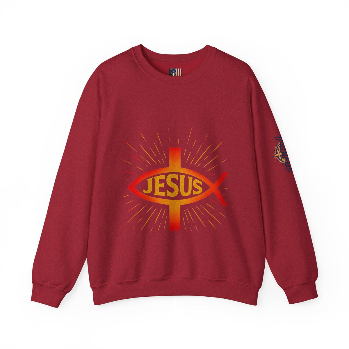 Jesus Ichthys Sweatshirt – Christian Fish Symbol with Cross & Jesus Inscription Sweatshirt for Eternal Faith & Streetwear Printify
