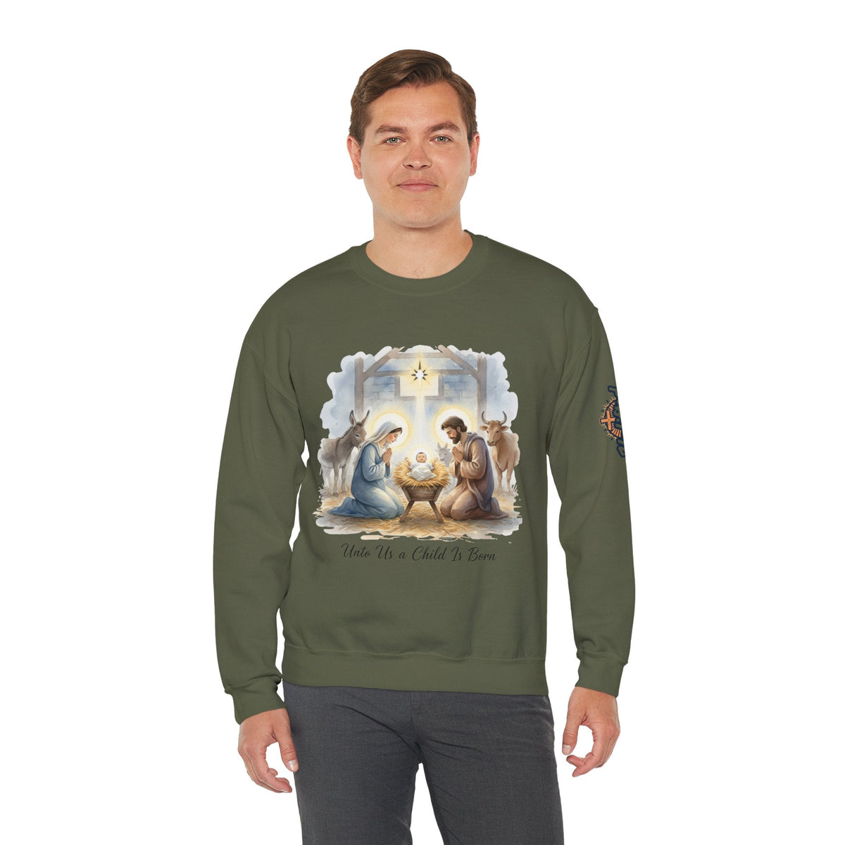 Unto Us a Child is Born Sweatshirt – Isaiah 9:6 Nativity Manger Scene Christian Christmas Sweatshirt for Holy Night Faith Printify