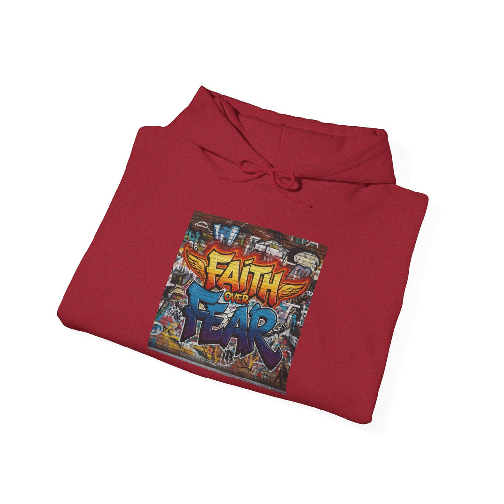 Faith Over Fear Hoodie – Graffiti Wall Christian Sweatshirt for Bold 2 Corinthians 5:7 Streetwear & Unshakable Faith Printify