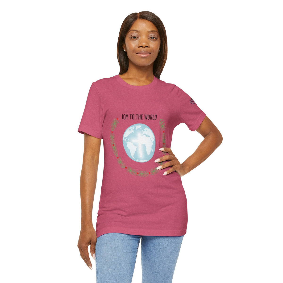 Joy to the World T-shirt – Wreath Earth Nativity Christian Christmas T-shirt for Isaiah 9:6 Holiday Faith & Festive Joy Printify