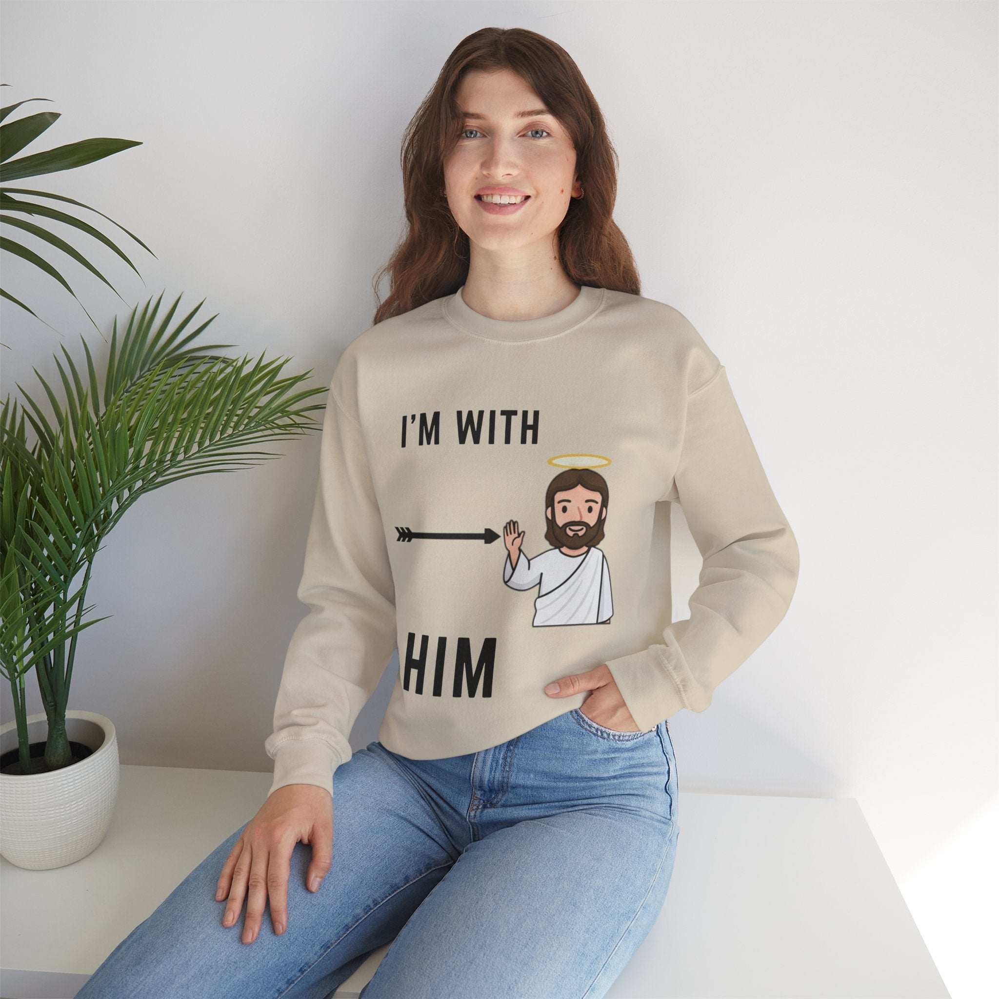 🔥 I’m With Him → Christian Sweatshirt | Arrow Pointing to Jesus | Minimalist Faith Tee | Subtle Cross Design | Bible-Inspired Apparel by Uplifted Gear Printify