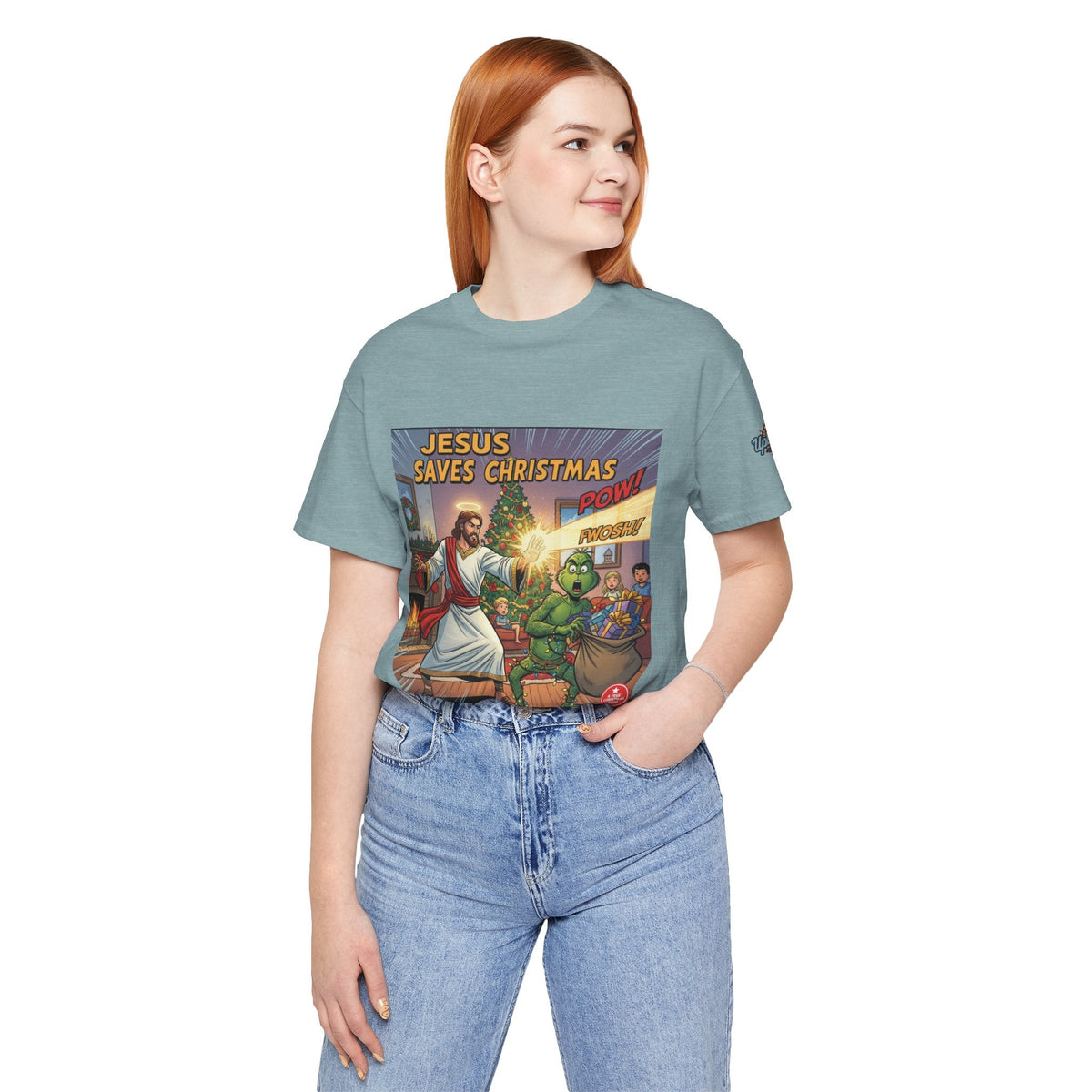 Jesus Saves Christmas T-shirt – Grinch vs Savior Light Battle Christian T-shirt for Hilarious Holiday Faith & True Joy Printify