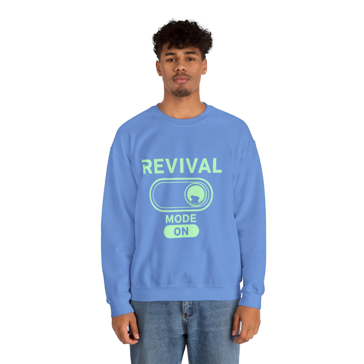 🔥 Revival Mode: ON – Christian Techwear Sweatshirt | Glowing Green Faith Switch | Futuristic Jesus Shirt | Activate Your Spiritual Awakening | Uplifted Gear Printify