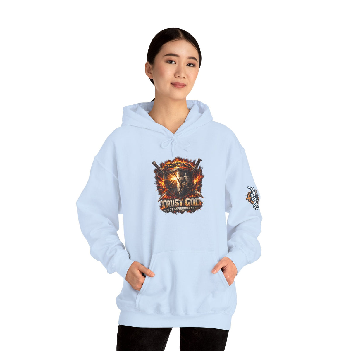 Trust God Not Government Shield Hoodie — Patriotic Christian Faith Hoodie Printify