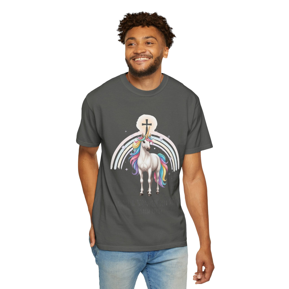 Unique Unicorn Christian T-Shirt – Wonderfully Made with Rainbow Cross & Psalm 139:14 Printify