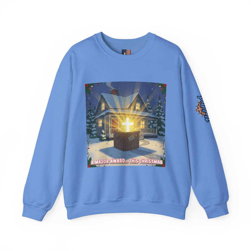 A Major Award This Christmas Sweatshirt – Fragile Leg Lamp Parody Cross Unboxing Christian Sweatshirt for Hilarious Faith & Holiday Glow Printify