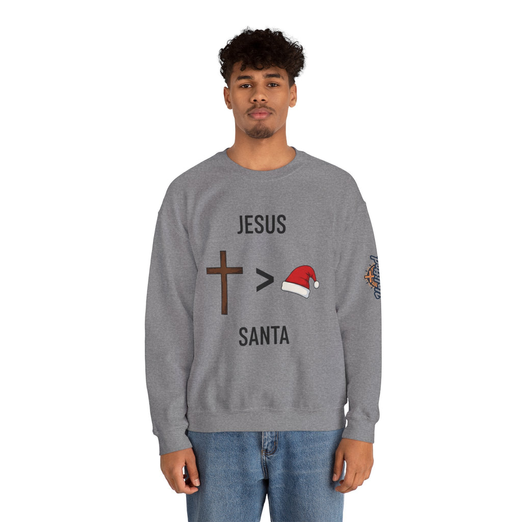 🎄 Jesus > Santa – Minimalist Christian Christmas Sweatshirt | Bold Faith Over Holiday Tee | Cross vs Santa Hat Design | Uplifted Gear Printify