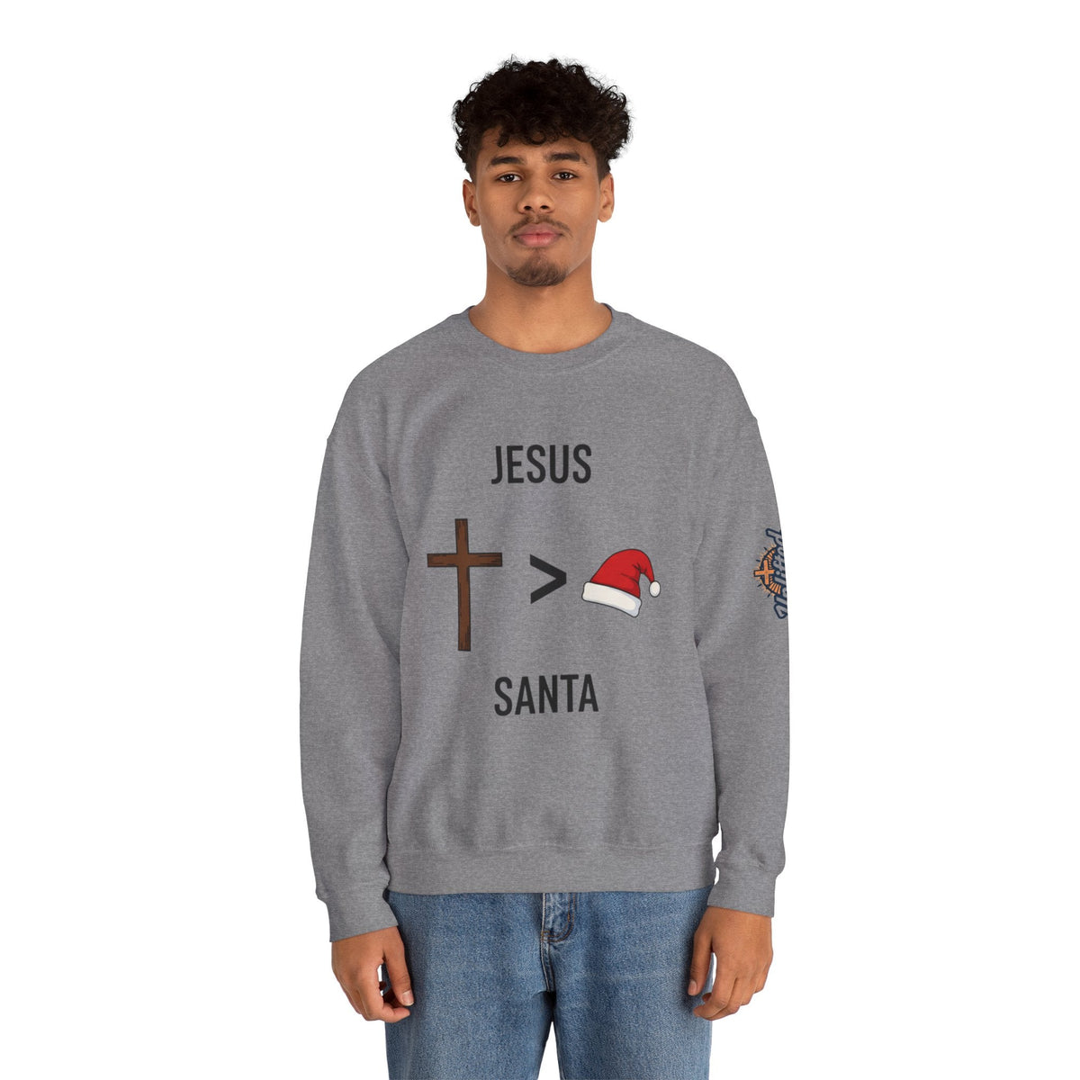 🎄 Jesus > Santa – Minimalist Christian Christmas Sweatshirt | Bold Faith Over Holiday Tee | Cross vs Santa Hat Design | Uplifted Gear Printify