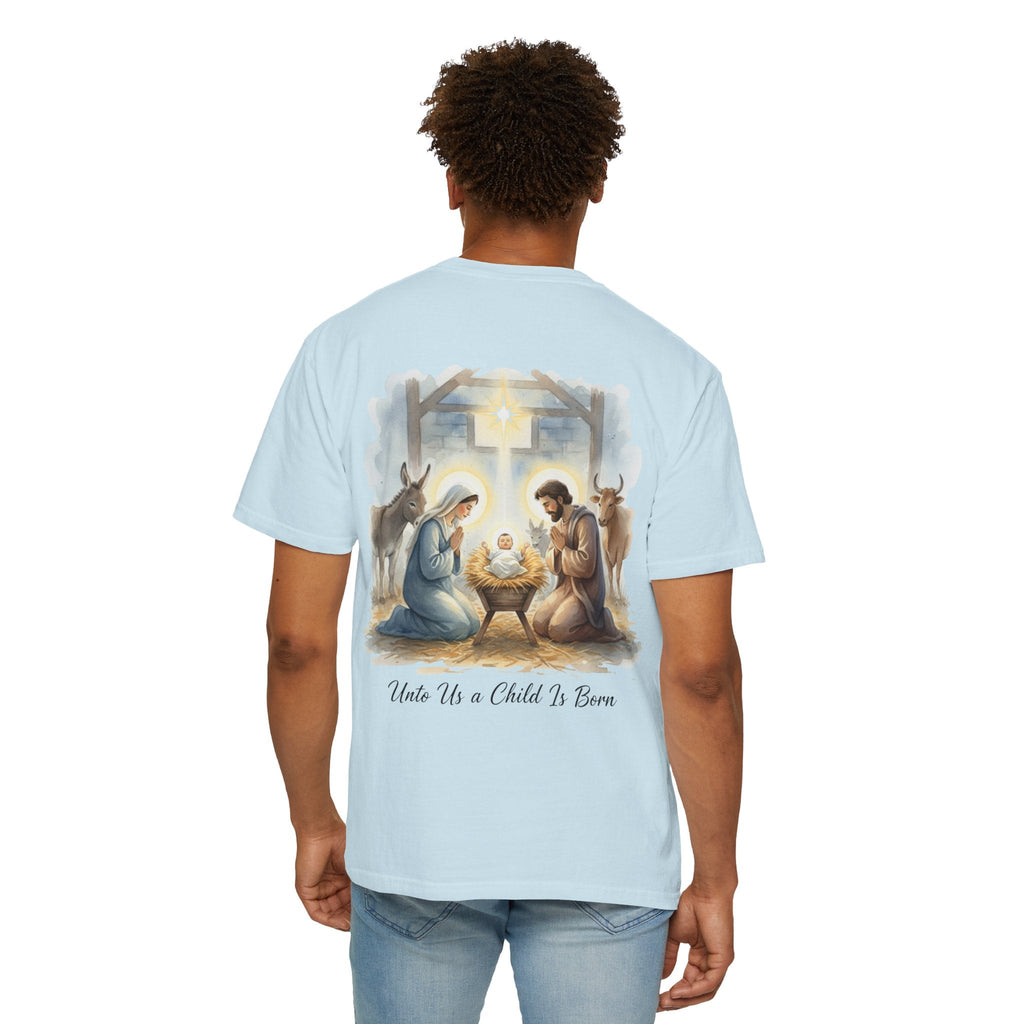 Unto Us a Child is Born T-shirt – Isaiah 9:6 Nativity Manger Scene Christian Christmas T-shirt for Holy Night Faith Printify