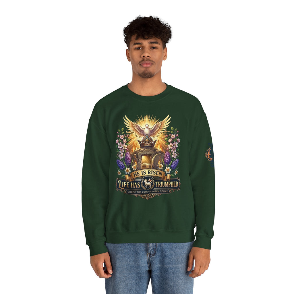 He Is Risen "Life Has Triumphed" Sweatshirt — Easter Resurrection Christian Sweatshirt Printify
