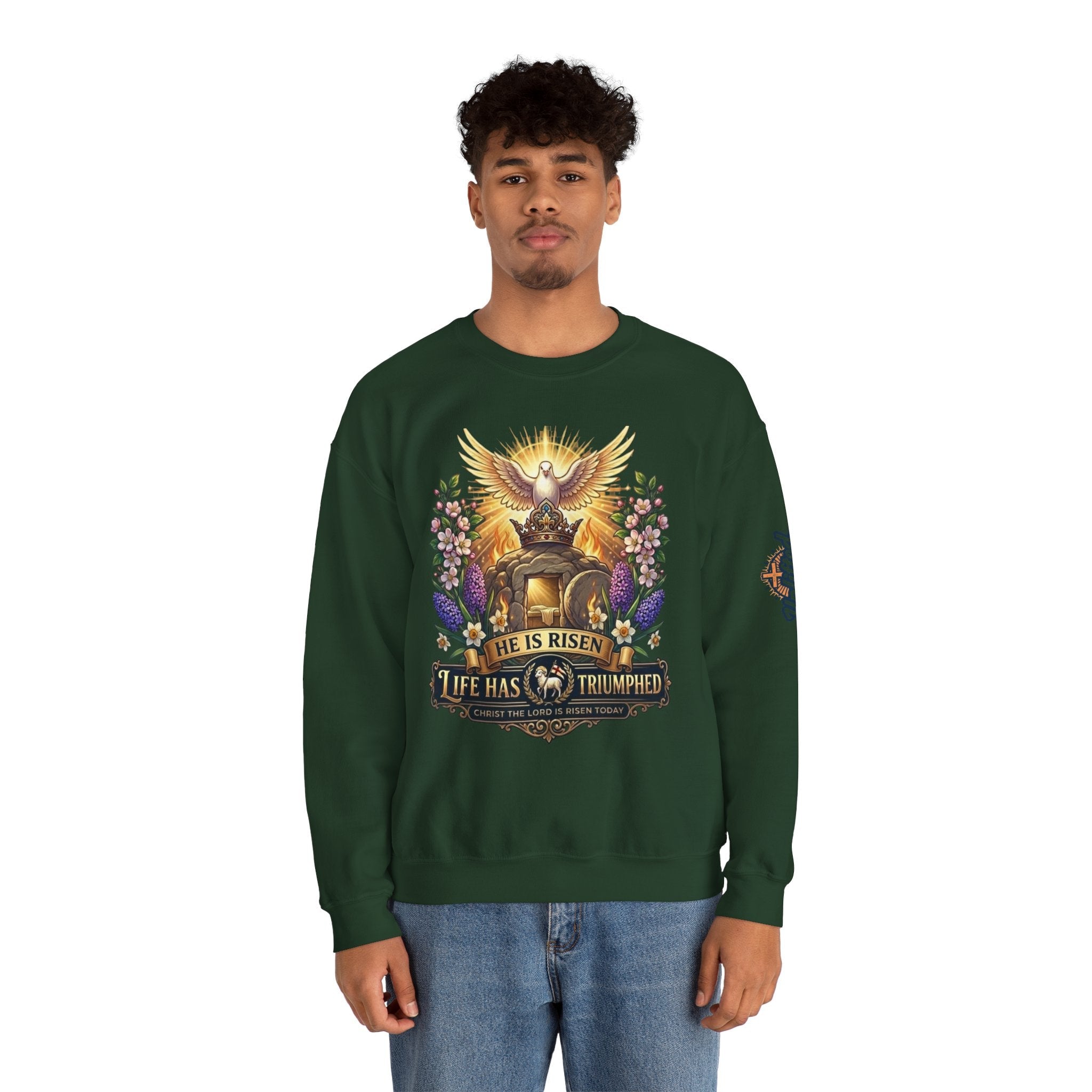 He Is Risen "Life Has Triumphed" Sweatshirt — Easter Resurrection Christian Sweatshirt Printify