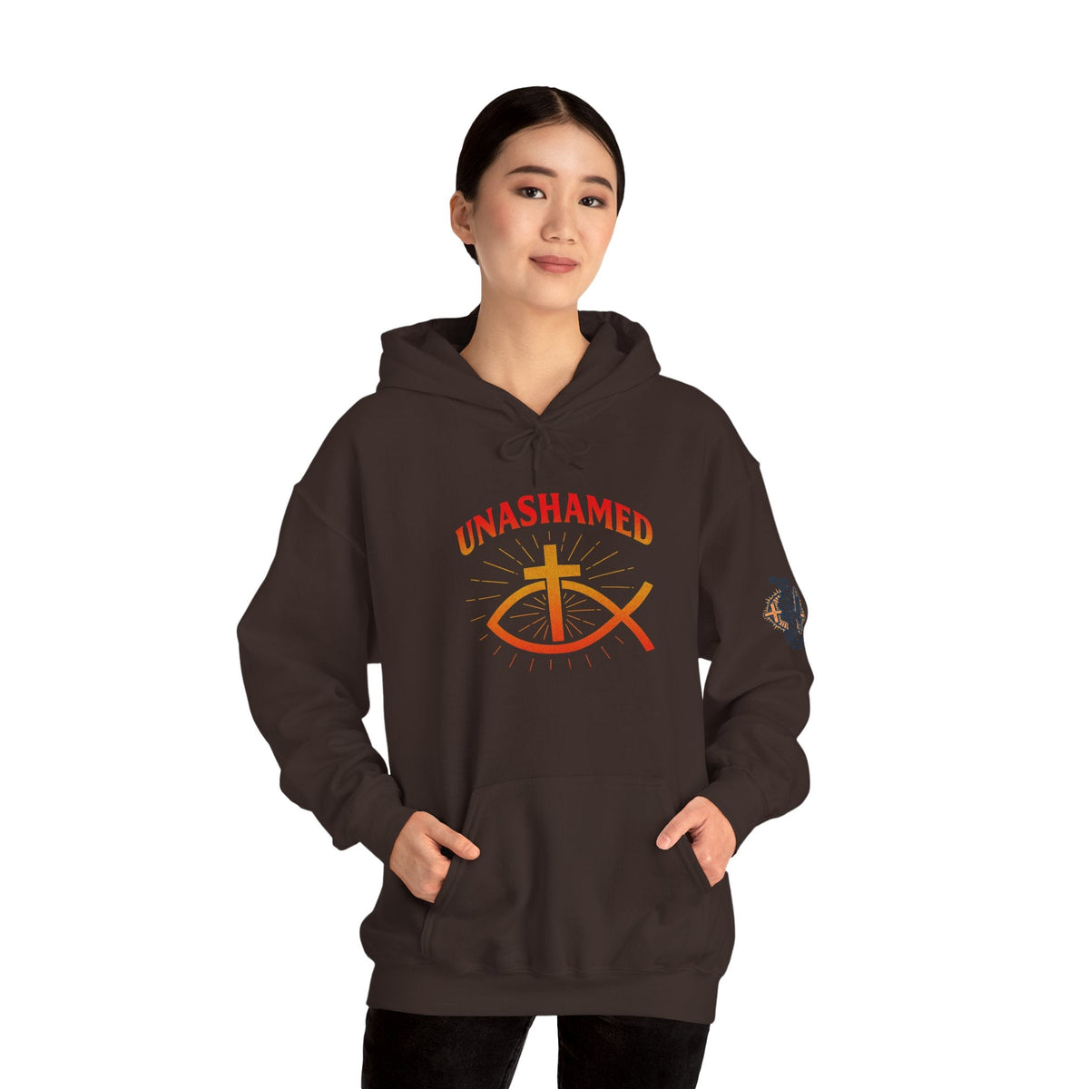 Unashamed Hoodie – Ichthys Jesus Fish & Cross Christian Sweatshirt for Romans 1:16 Bold Faith Printify