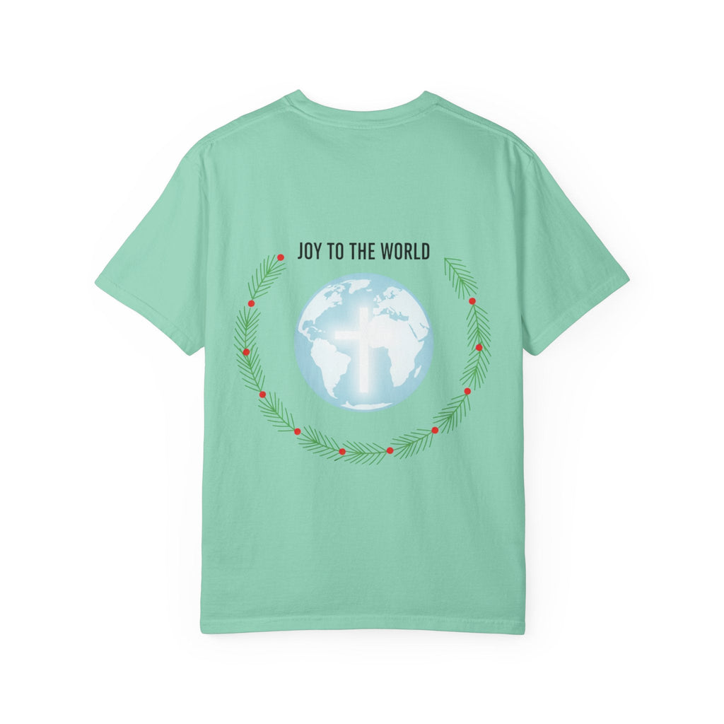 Joy to the World T-shirt – Wreath Earth Nativity Christian Christmas T-shirt for Isaiah 9:6 Holiday Faith & Festive Joy Printify