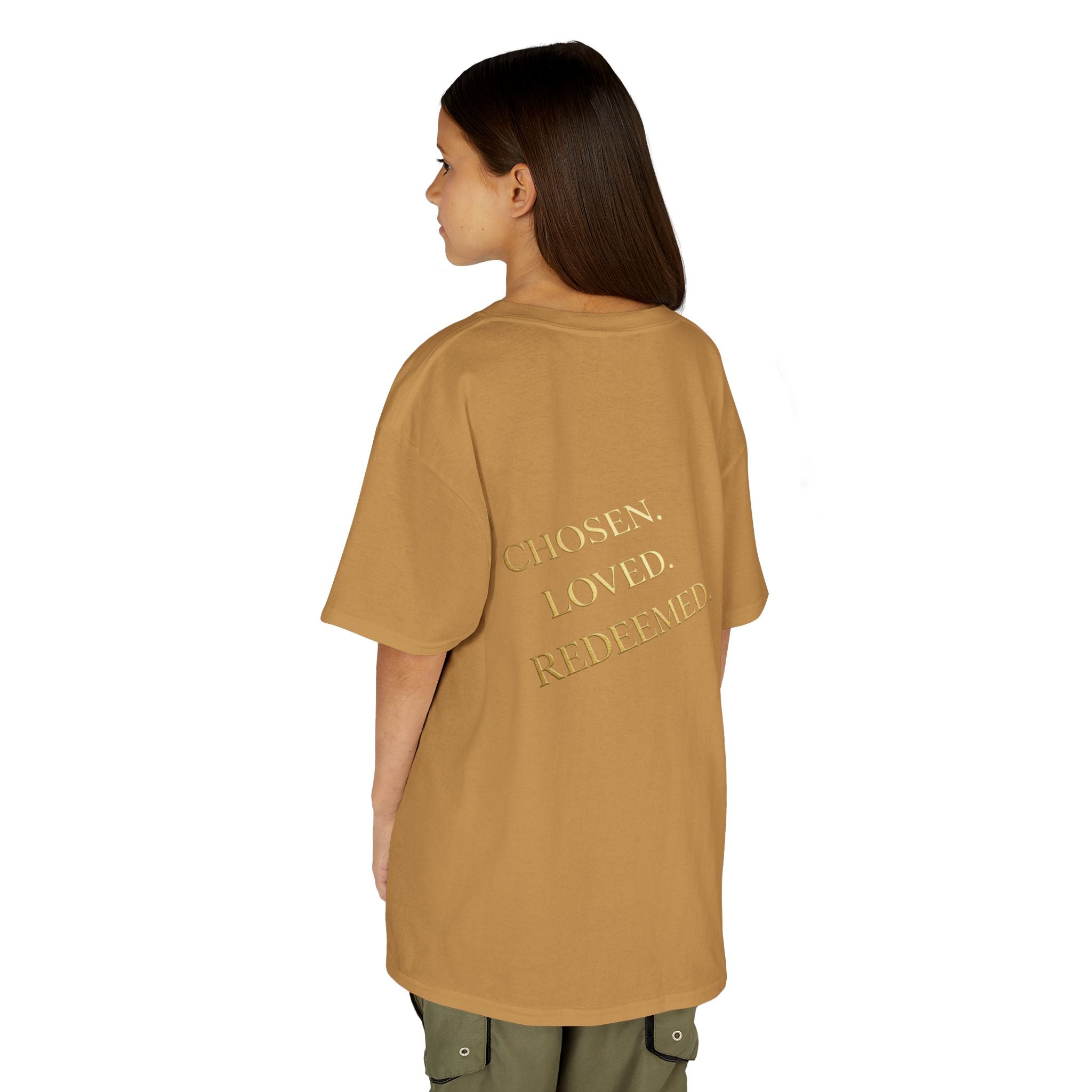 ✨ Chosen. Loved. Redeemed. – Elegant Christian Kids T-Shirt | Gold Foil Faith Tee | Subtle Cross & Heart Design | Inspirational Bible Verse Apparel by Uplifted Gear Printify