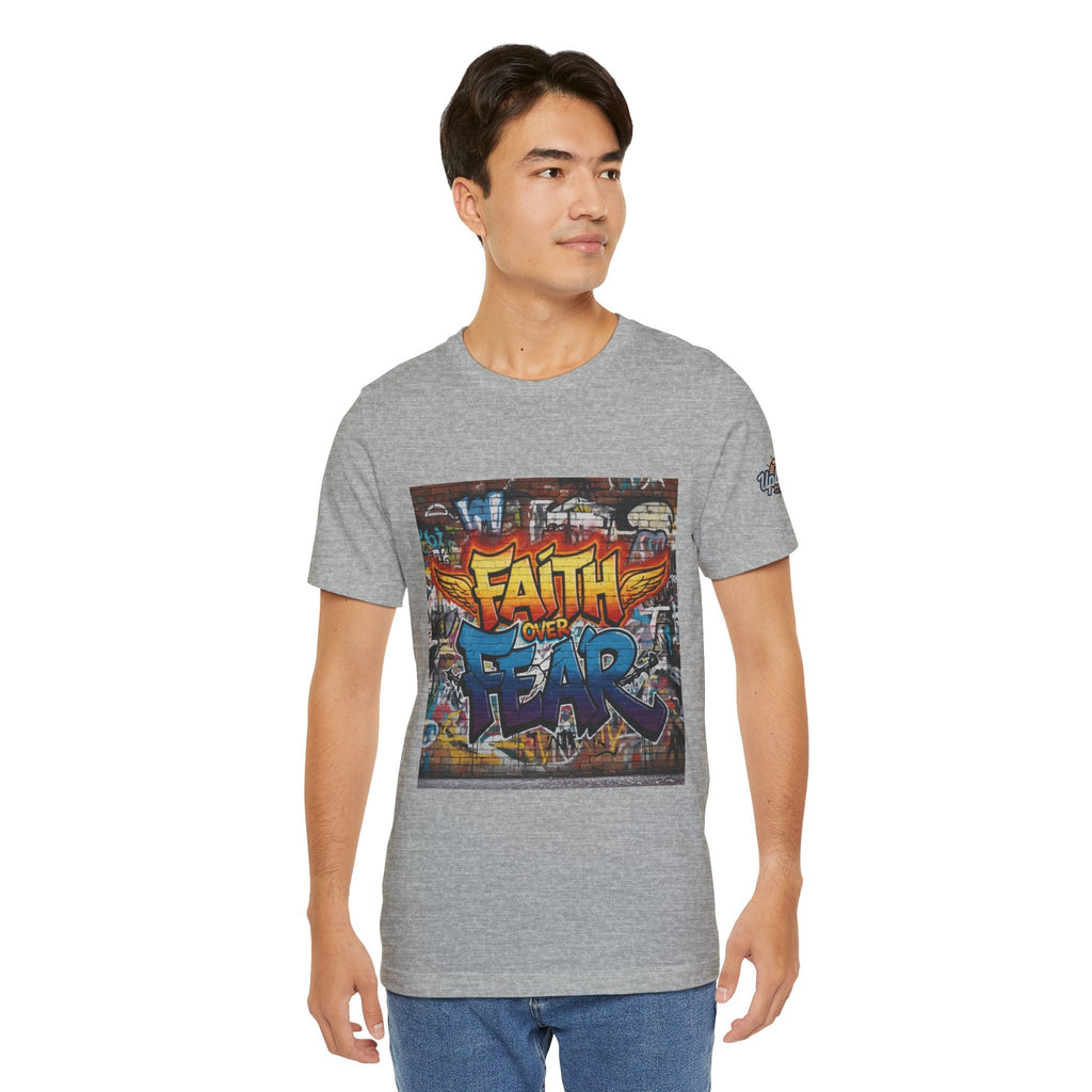 Faith Over Fear T-shirt – Graffiti Wall Christian T-shirt for Bold 2 Corinthians 5:7 Streetwear & Unshakable Faith Printify