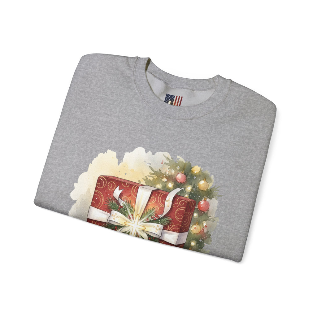 The Greatest Gift Sweatshirt – Cross Bow Present Christian Sweatshirt for Christmas Salvation & Eternal Faith Printify