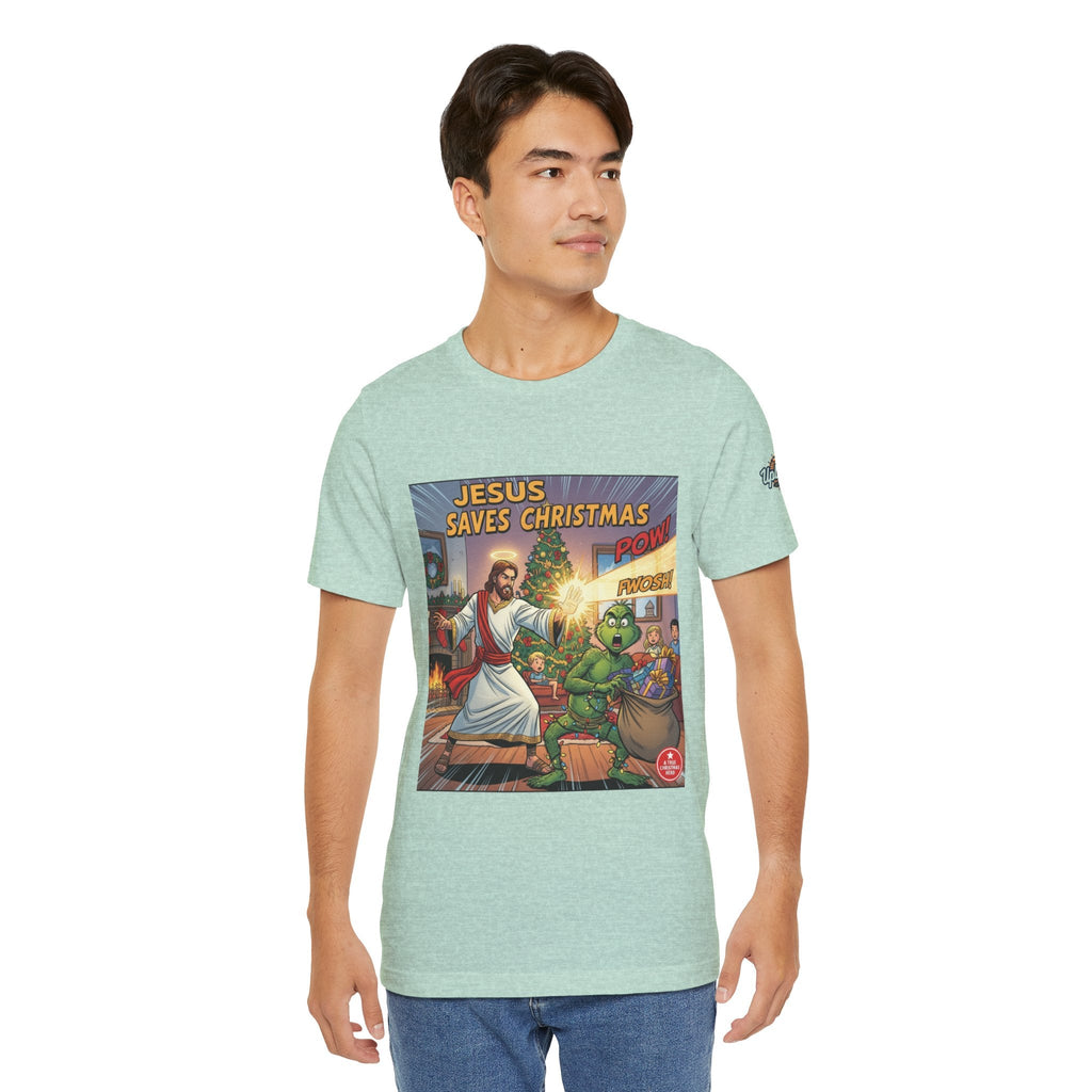 Jesus Saves Christmas T-shirt – Grinch vs Savior Light Battle Christian T-shirt for Hilarious Holiday Faith & True Joy Printify