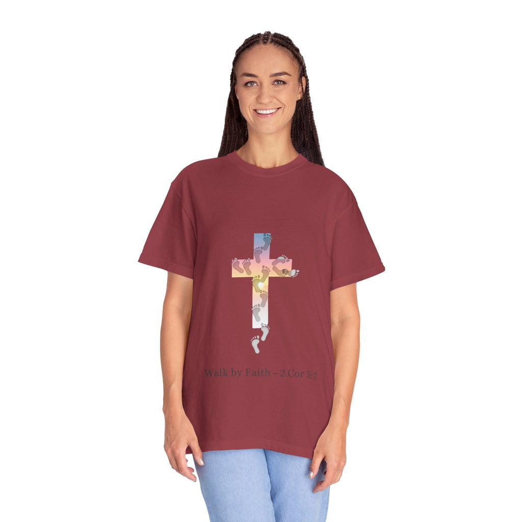 Walk by Faith T-Shirt – Cross & Footprints Christian Tee for Bold Believers Printify