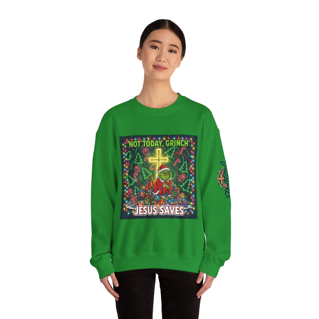 🎄 Not Today, Grinch – Jesus Saves | Funny Christian Christmas Sweatshirt | Festive Green & Red Cartoon Style | Bold Faith Holiday Tee by Uplifted Gear Printify