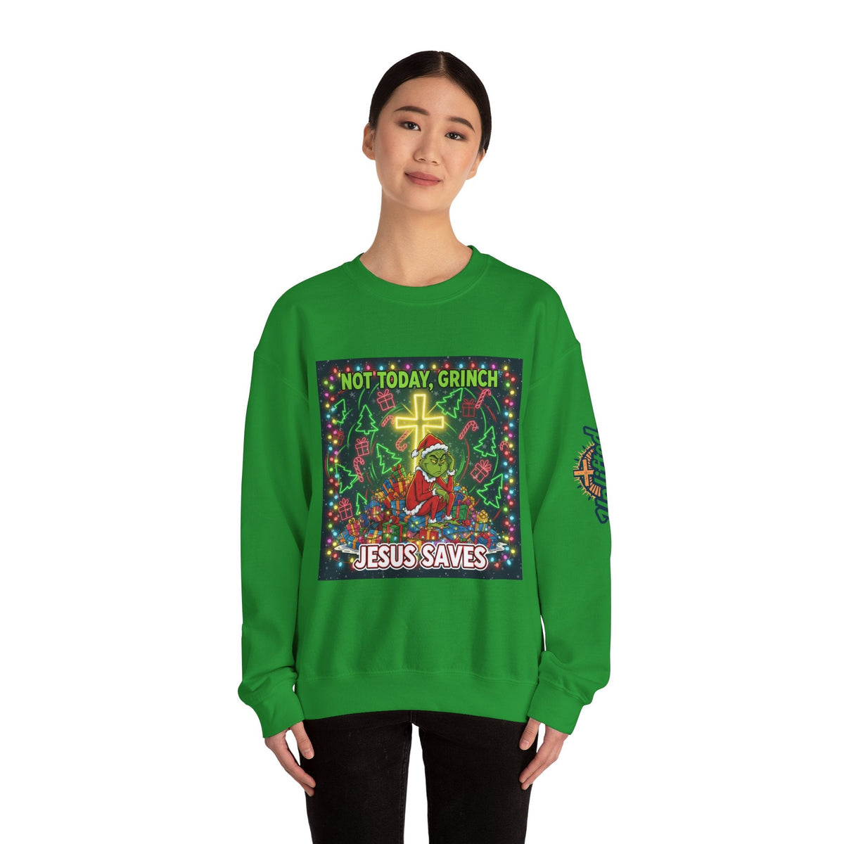 🎄 Not Today, Grinch – Jesus Saves | Funny Christian Christmas Sweatshirt | Festive Green & Red Cartoon Style | Bold Faith Holiday Tee by Uplifted Gear Printify