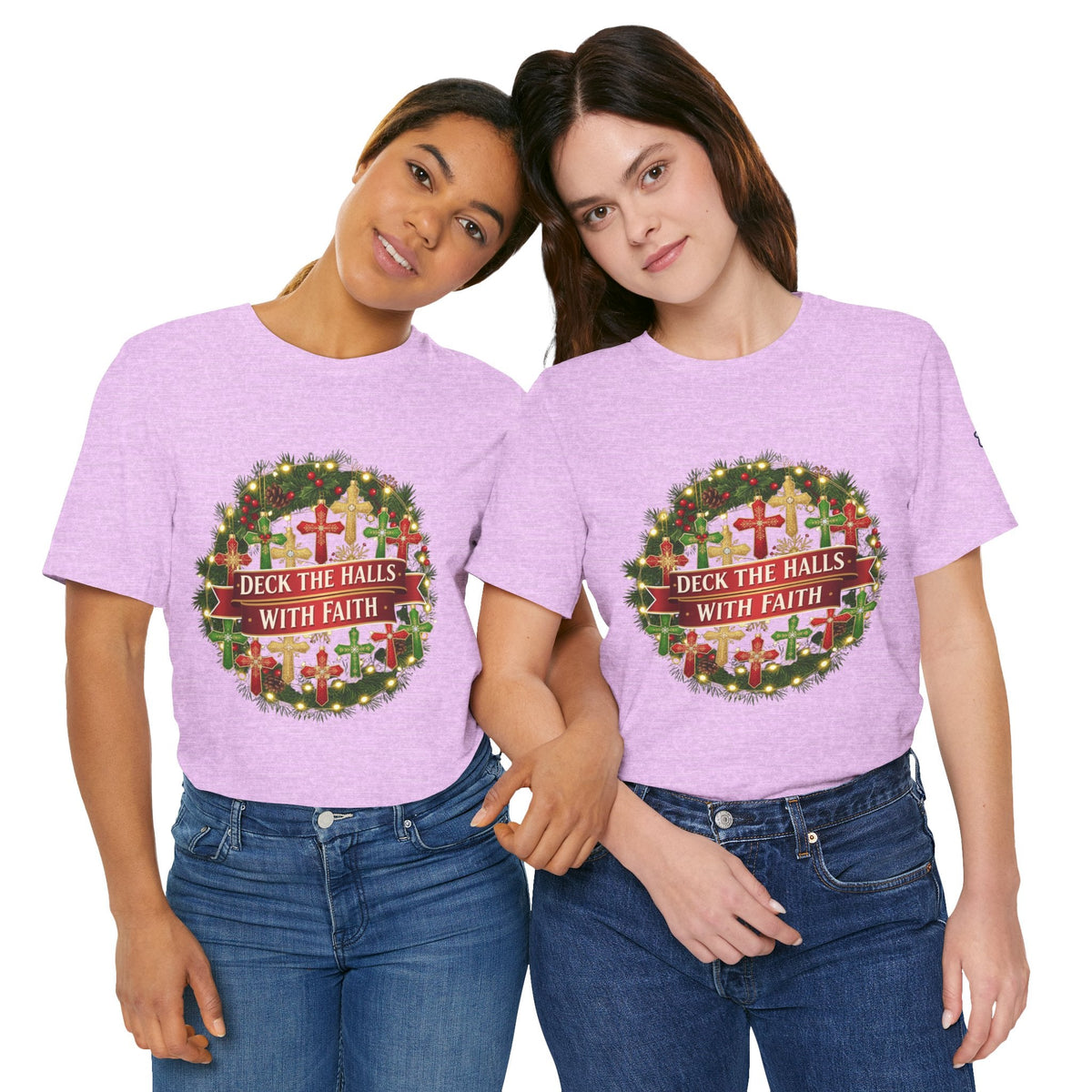 🎄 Deck the Halls with Faith – Christian Christmas T-Shirt | Cross Ornament Design & Festive Garland | Bold Holiday Faith Tee by Uplifted Gear Printify