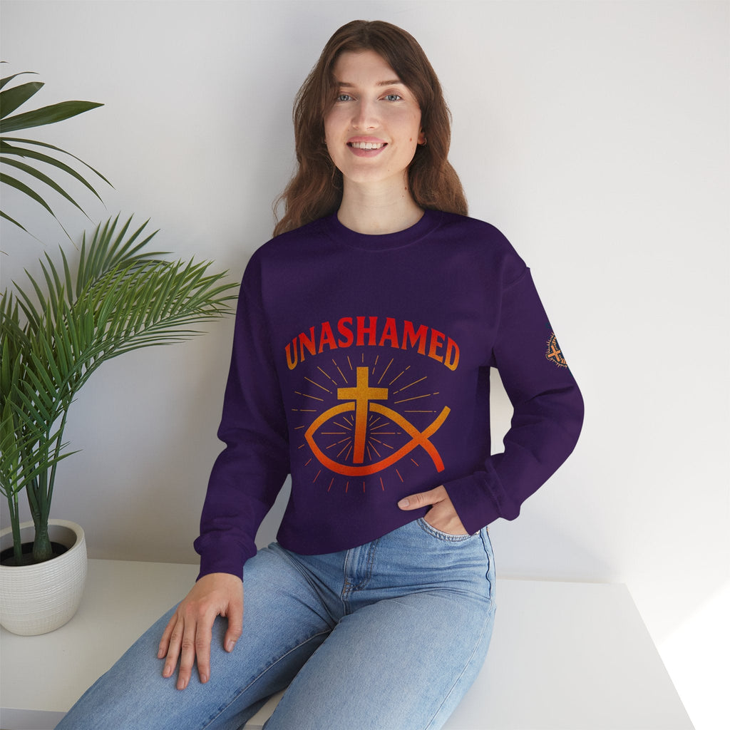 Unashamed Sweatshirt – Ichthys Jesus Fish & Cross Christian Sweatshirt for Romans 1:16 Bold Faith Printify