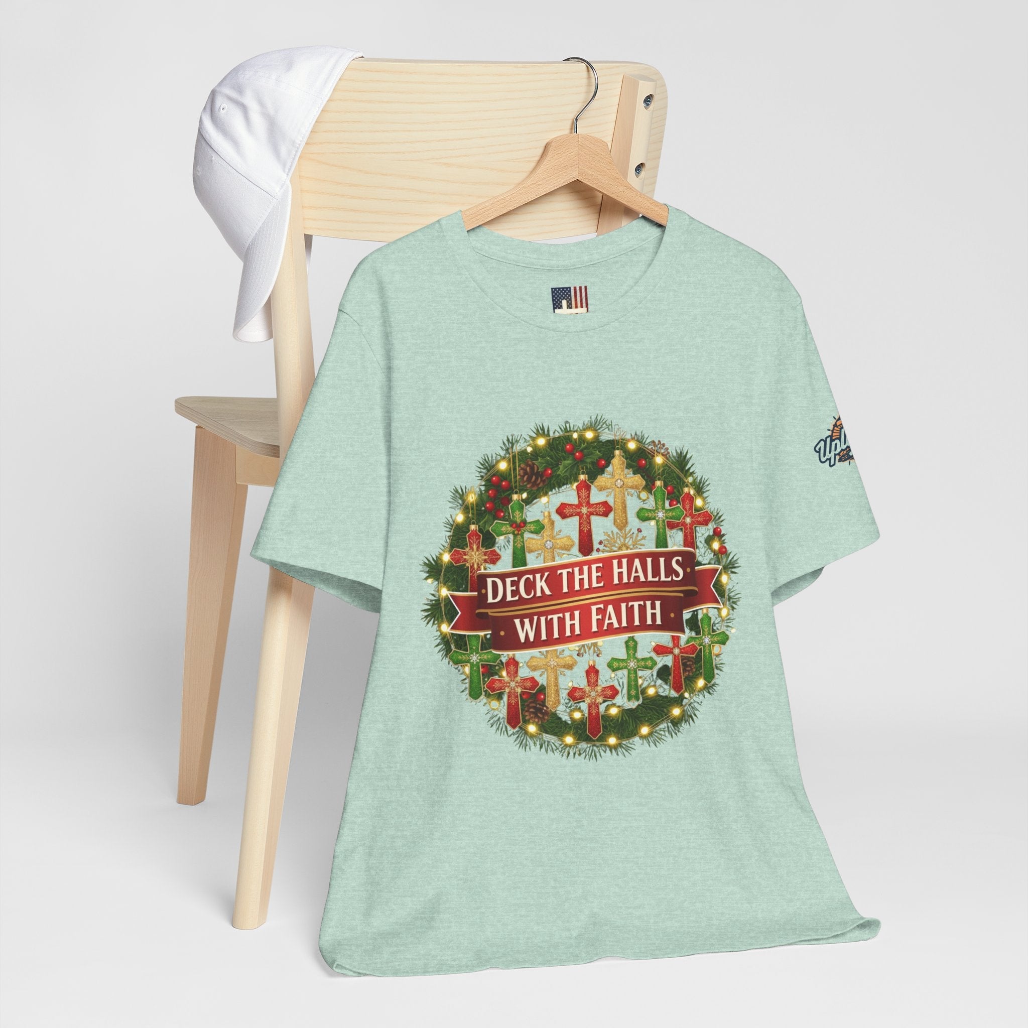 🎄 Deck the Halls with Faith – Christian Christmas T-Shirt | Cross Ornament Design & Festive Garland | Bold Holiday Faith Tee by Uplifted Gear Printify
