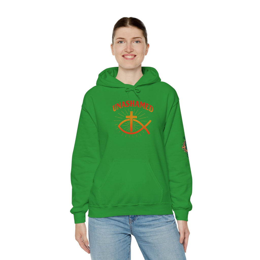 Unashamed Hoodie – Ichthys Jesus Fish & Cross Christian Sweatshirt for Romans 1:16 Bold Faith Printify