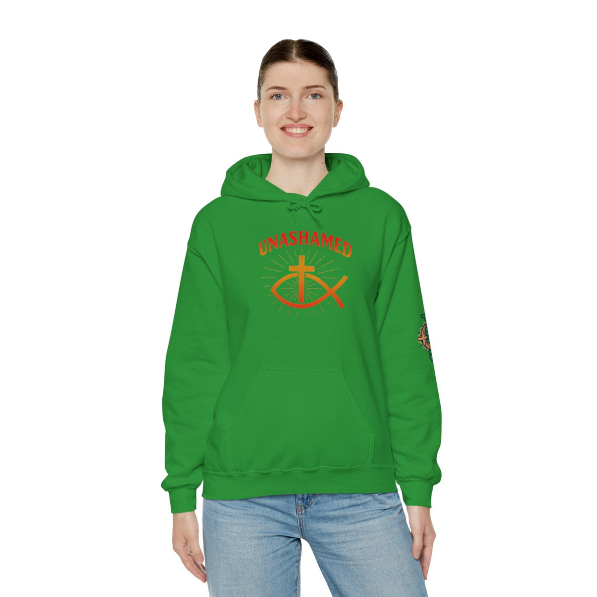 Unashamed Hoodie – Ichthys Jesus Fish & Cross Christian Sweatshirt for Romans 1:16 Bold Faith Printify