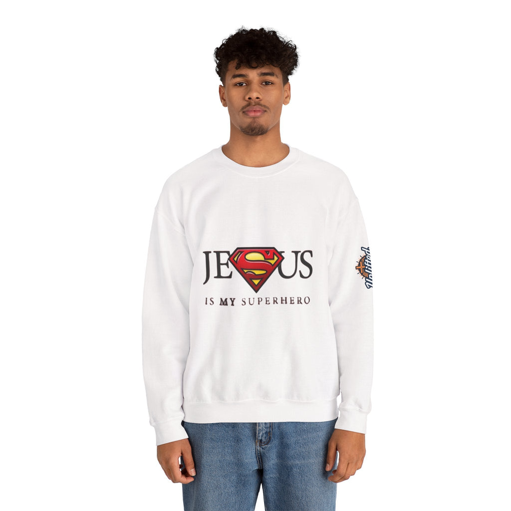 Jesus Is My Superhero Crewneck Sweatshirt Printify