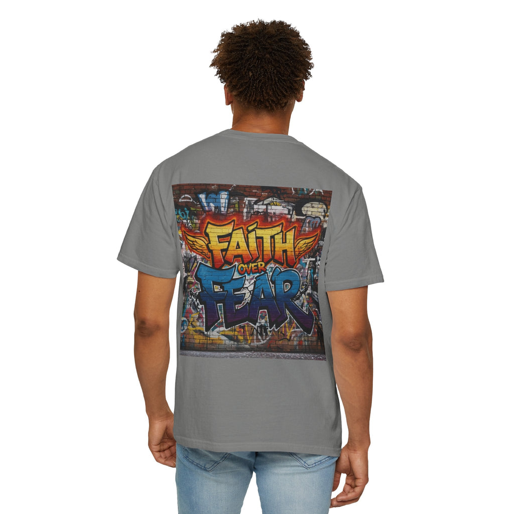 Faith Over Fear T-shirt – Graffiti Wall Christian T-shirt for Bold 2 Corinthians 5:7 Streetwear & Unshakable Faith Printify