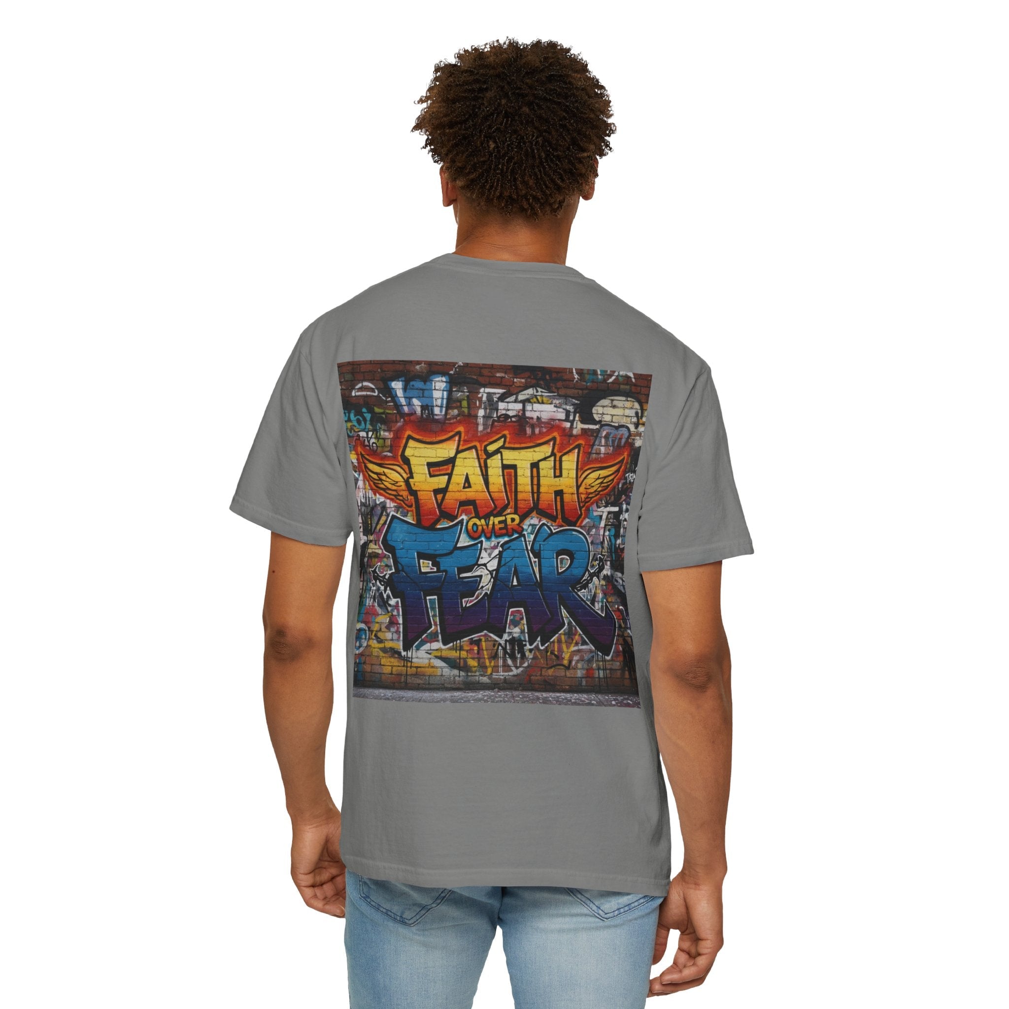 Faith Over Fear T-shirt – Graffiti Wall Christian T-shirt for Bold 2 Corinthians 5:7 Streetwear & Unshakable Faith Printify