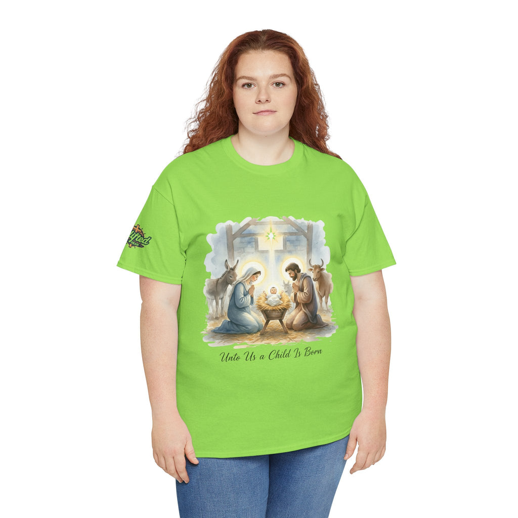 Unto Us a Child is Born T-shirt – Isaiah 9:6 Nativity Manger Scene Christian Christmas T-shirt for Holy Night Faith Printify