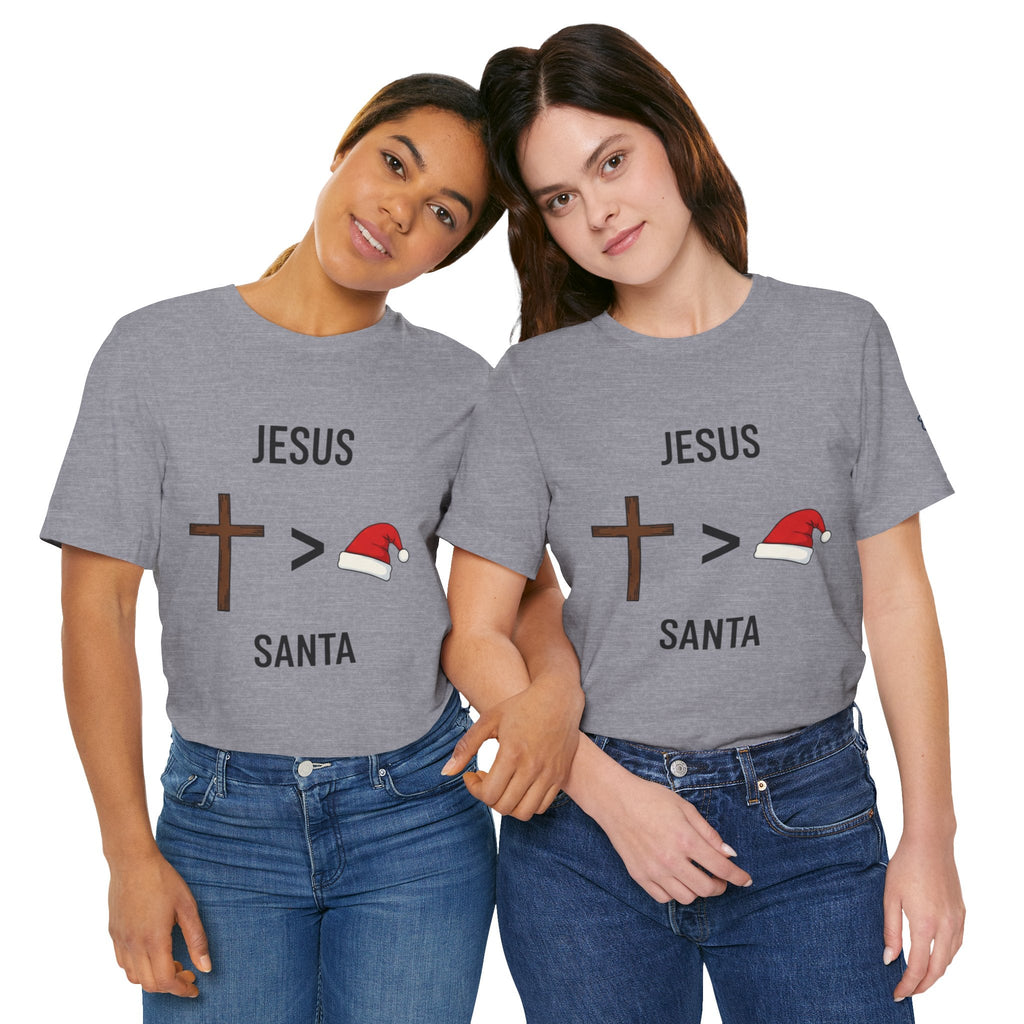 🎄 Jesus > Santa – Minimalist Christian Christmas T-Shirt | Bold Faith Over Holiday Tee | Cross vs Santa Hat Design | Uplifted Gear Printify
