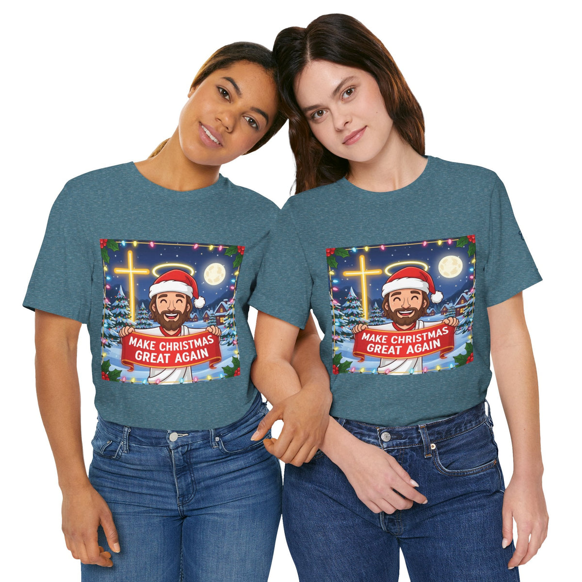 🎄 Make Christmas Great Again – Funny Christian T-Shirt | Jesus Holding Banner | Faith-Based Holiday Parody Tee | Uplifted Gear Printify